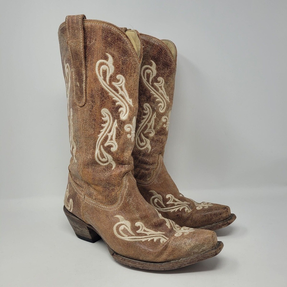 Corral Tan and Cream Embroidered Heeled Boots